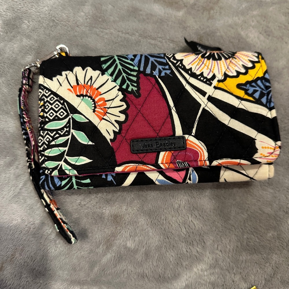 Vera Bradley Wallet Wristlet Floral Pattern Black Multi Color Clutch Organizer